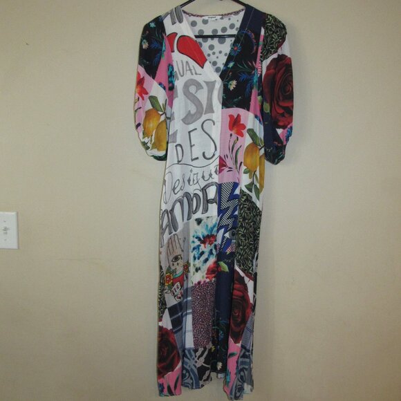 Desigual Patchwork Poof Sleeve Button Front Midi Dress sz XS Rose Tattoo Seer - Picture 2 of 6